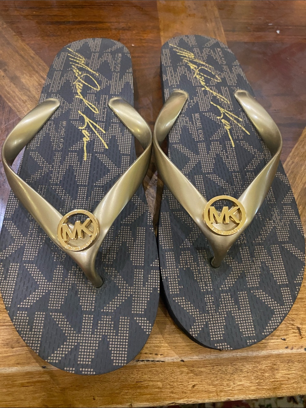 Michael Kors Black and Gold Logo Thong Sandals